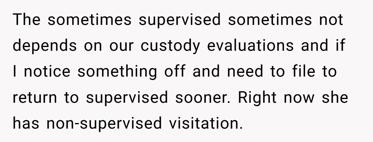 The sometimes supervised sometimes not depends on our custody evaluations and if I notice something off and need to file to return to supervised sooner. Right now she has non-supervised...