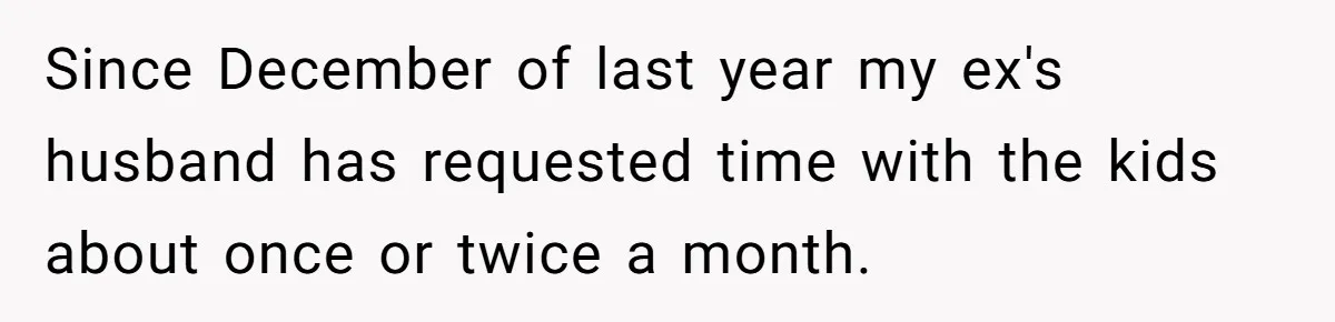 Since December of last year my ex's husband has requested time with the kids about once or twice a month.