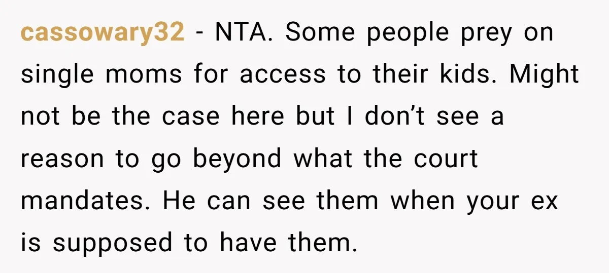cassowary32 − NTA. Some people prey on single moms for access to their kids. Might not be the case here but I don’t see a reason to go beyond what...