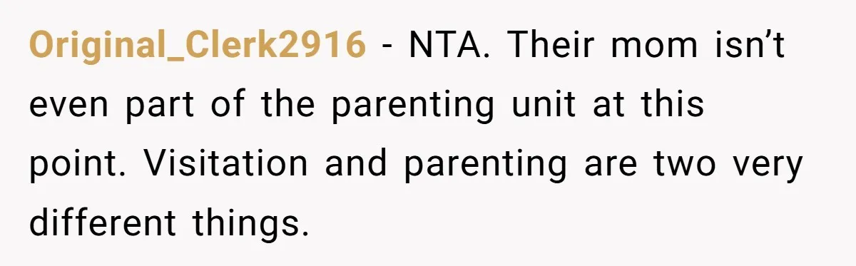 Original_Clerk2916 − NTA. Their mom isn’t even part of the parenting unit at this point. Visitation and parenting are two very different things.