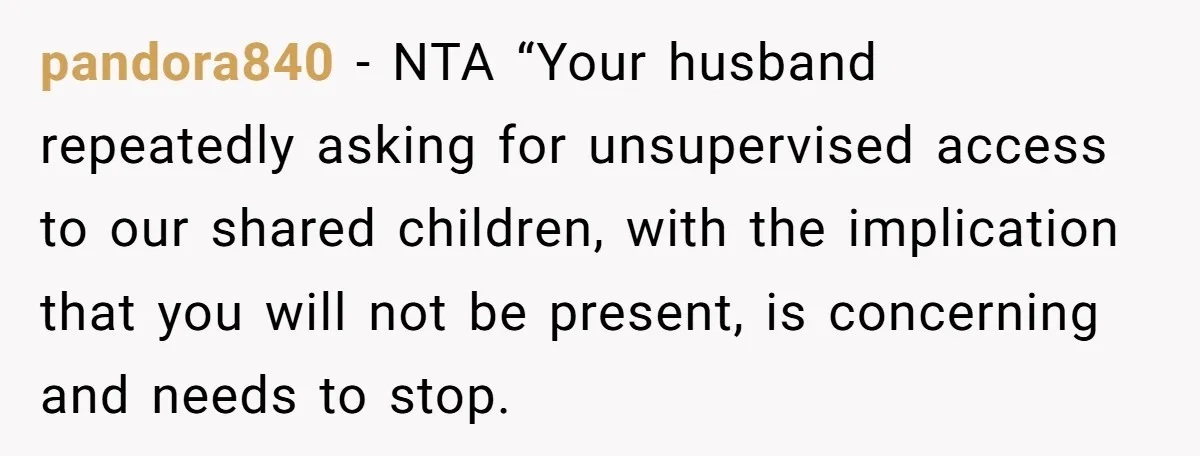 pandora840 − NTA “Your husband repeatedly asking for unsupervised access to our shared children, with the implication that you will not be present, is concerning and needs to stop.