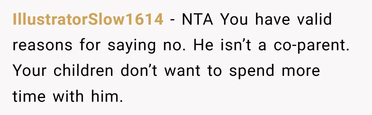 IllustratorSlow1614 − NTA You have valid reasons for saying no. He isn’t a co-parent. Your children don’t want to spend more time with him.