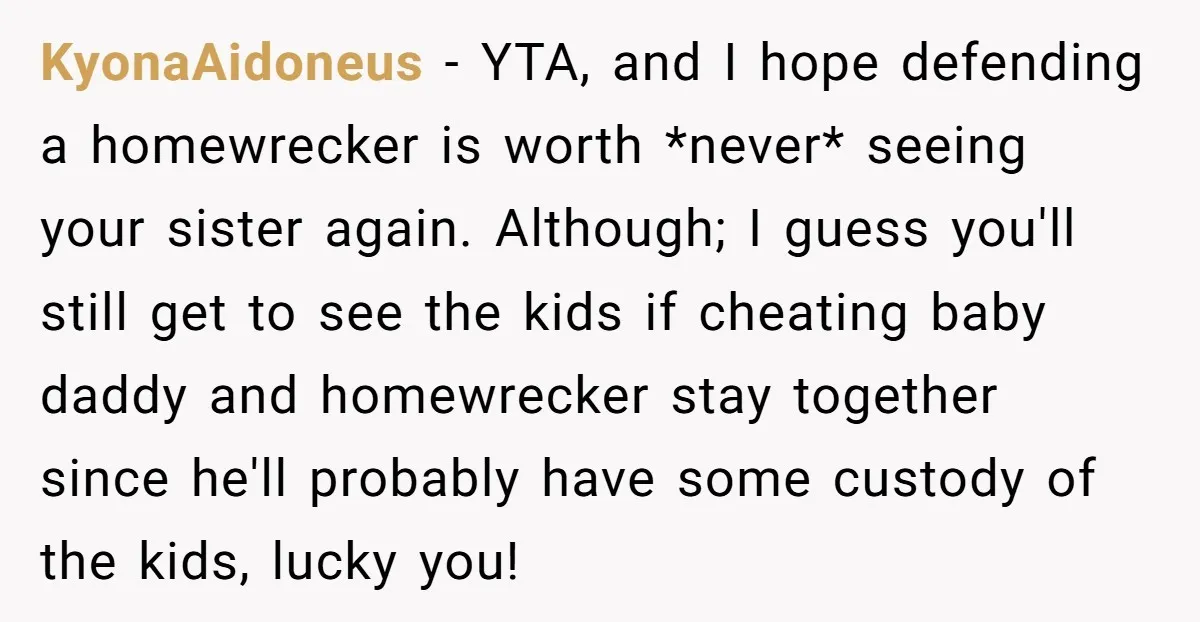 KyonaAidoneus − YTA, and I hope defending a homewrecker is worth *never* seeing your sister again. Although; I guess you'll still get to see the kids if cheating baby daddy...