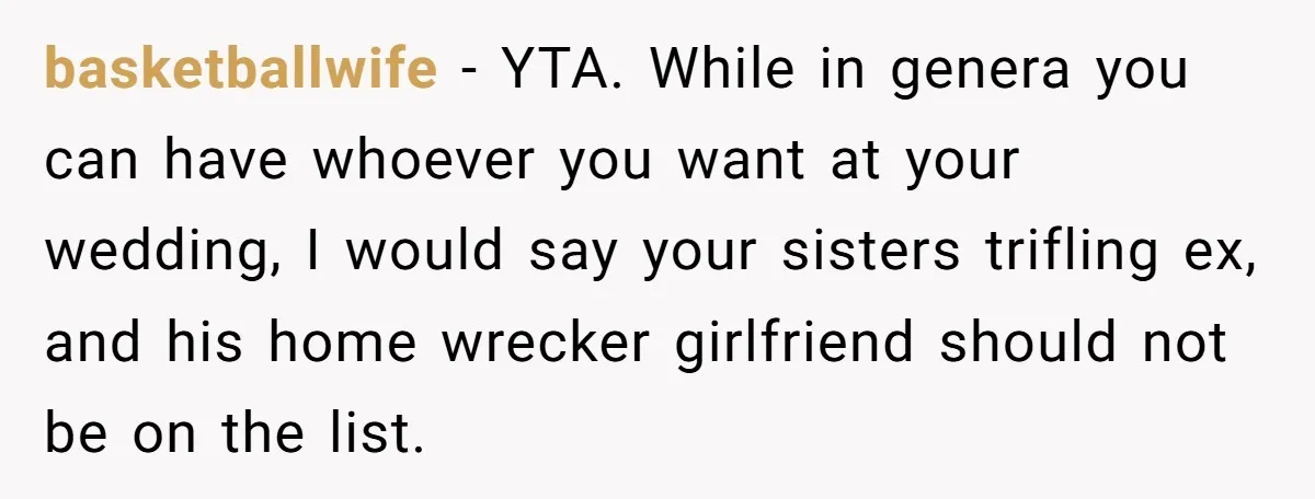 basketballwife − YTA. While in genera you can have whoever you want at your wedding, I would say your sisters trifling ex, and his home wrecker girlfriend should not be...