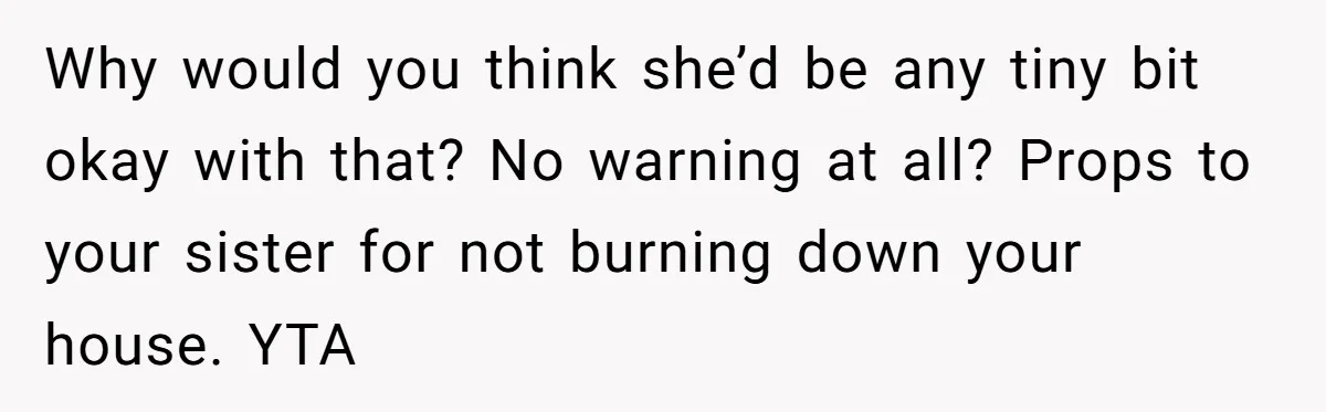 Why would you think she’d be any tiny bit okay with that? No warning at all? Props to your sister for not burning down your house. YTA