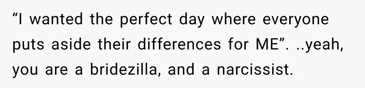 “I wanted the perfect day where everyone puts aside their differences for ME”. ..yeah, you are a bridezilla, and a narcissist.