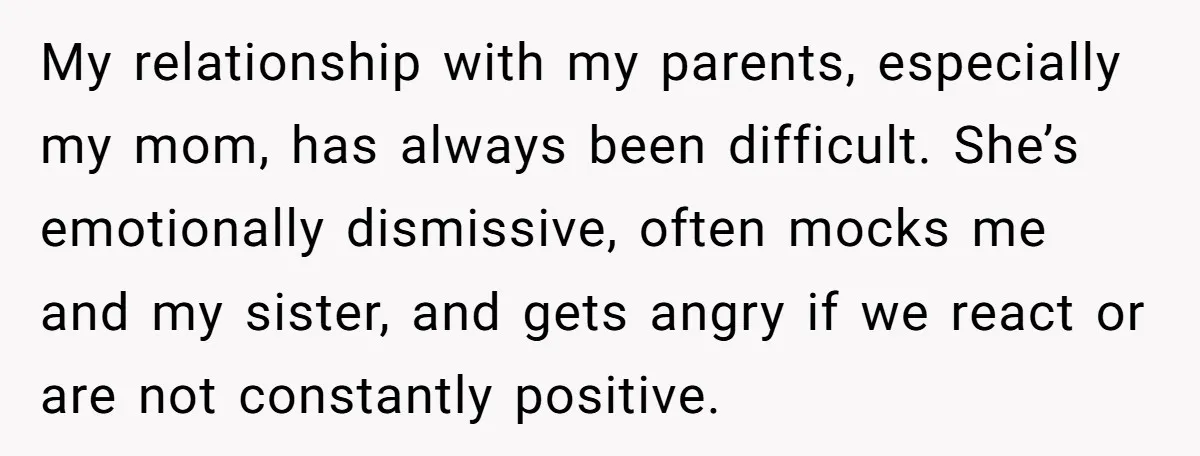 My relationship with my parents, especially my mom, has always been difficult. She’s emotionally dismissive, often mocks me and my sister, and gets angry if we react or are not...