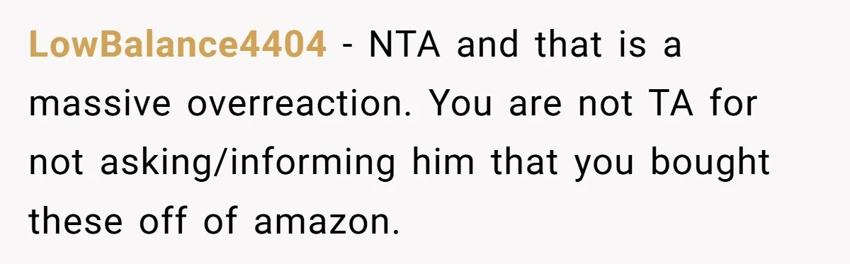 LowBalance4404 − NTA and that is a massive overreaction. You are not TA for not asking/informing him that you bought these off of amazon.
