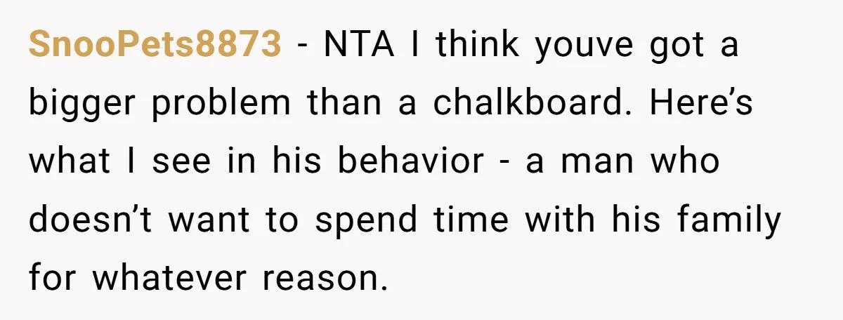 SnooPets8873 − NTA I think youve got a bigger problem than a chalkboard. Here’s what I see in his behavior - a man who doesn’t want to spend time with...