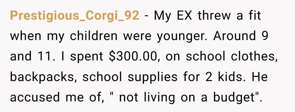 Prestigious_Corgi_92 − My EX threw a fit when my children were younger. Around 9 and 11. I spent $300.00, on school clothes, backpacks, school supplies for 2 kids. He accused...