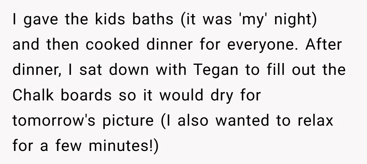 I gave the kids baths (it was 'my' night) and then cooked dinner for everyone. After dinner, I sat down with Tegan to fill out the Chalk boards so it...