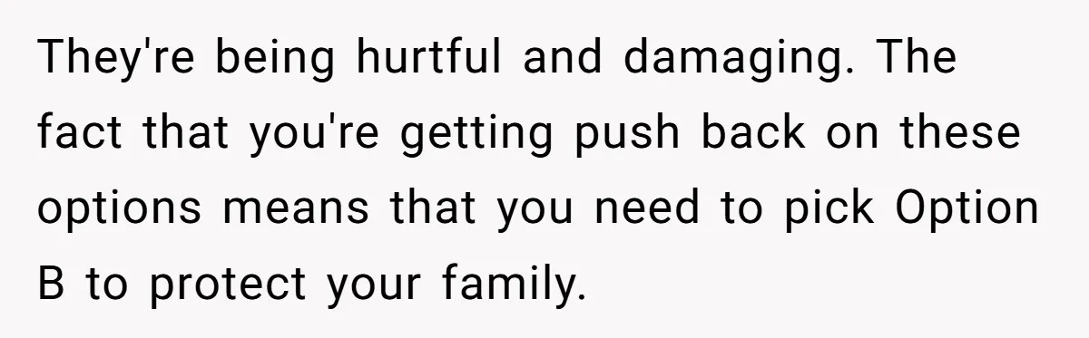 They're being hurtful and damaging. The fact that you're getting push back on these options means that you need to pick Option B to protect your family.