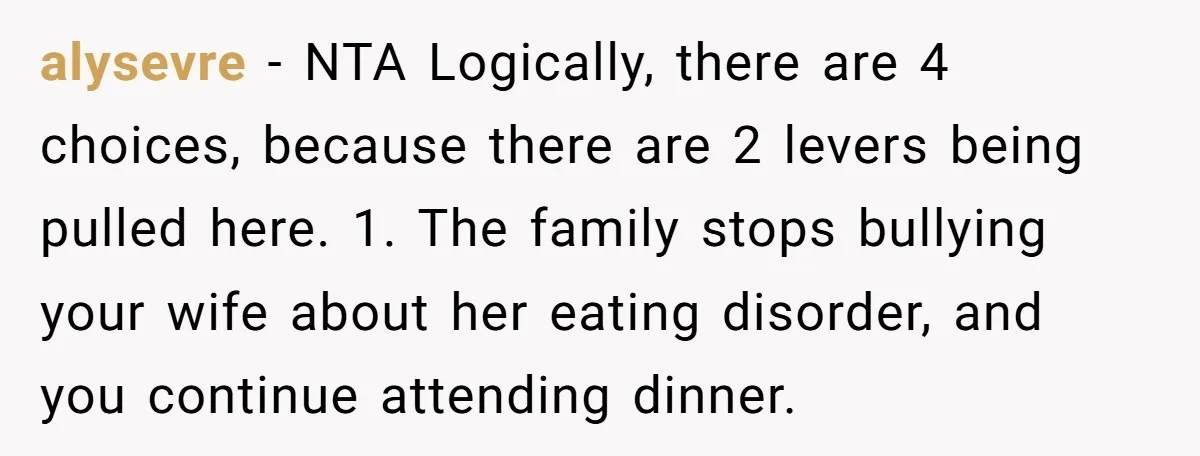 alysevre − NTA Logically, there are 4 choices, because there are 2 levers being pulled here. 1. The family stops bullying your wife about her eating disorder, and you continue...