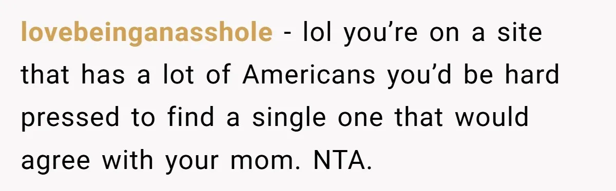 lovebeinganasshole − lol you’re on a site that has a lot of Americans you’d be hard pressed to find a single one that would agree with your mom. NTA.