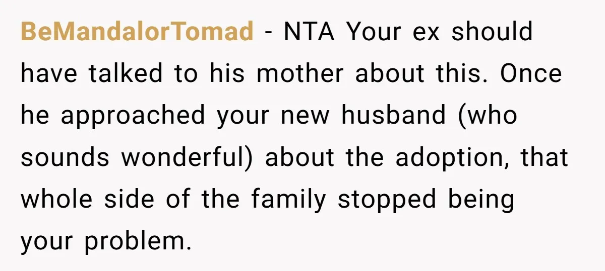 BeMandalorTomad − NTA Your ex should have talked to his mother about this. Once he approached your new husband (who sounds wonderful) about the adoption, that whole side of the...