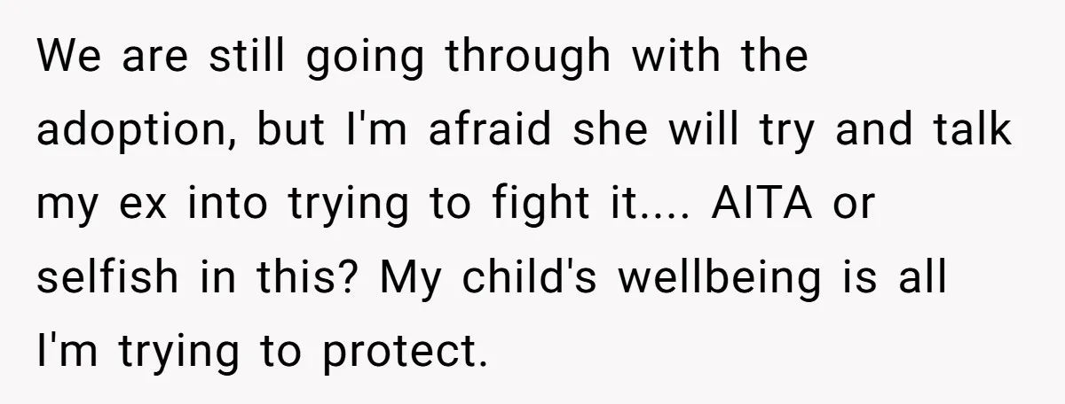 We are still going through with the adoption, but I'm afraid she will try and talk my ex into trying to fight it.... AITA or selfish in this? My child's...