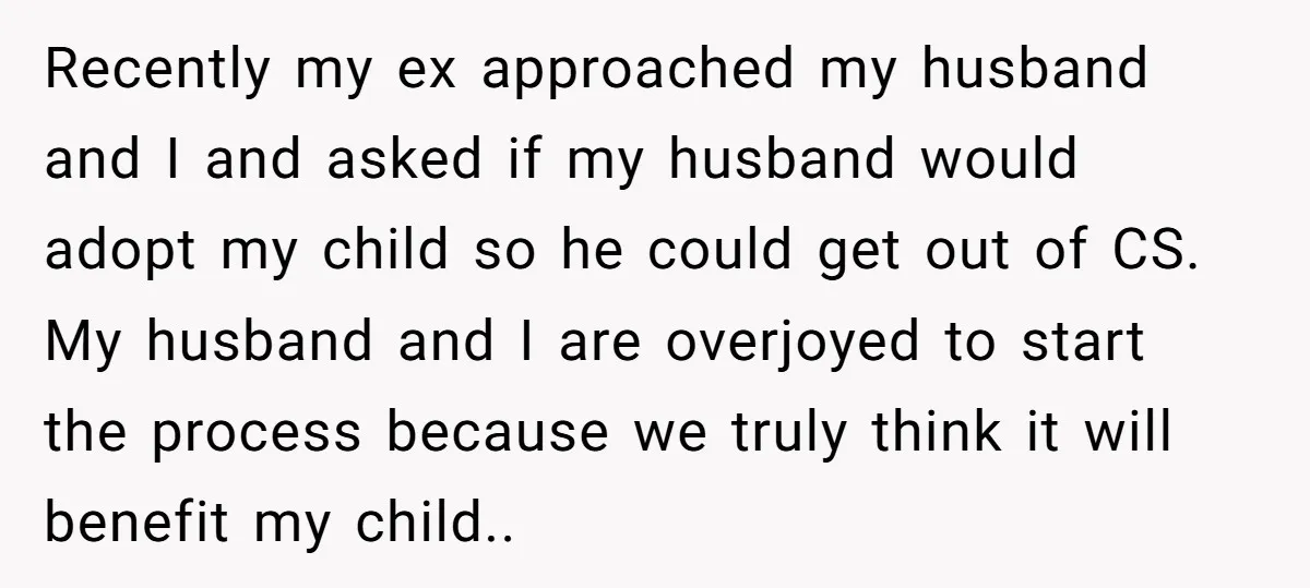 Recently my ex approached my husband and I and asked if my husband would adopt my child so he could get out of CS. My husband and I are overjoyed...
