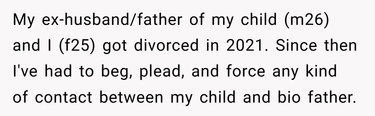 My ex-husband/father of my child (m26) and I (f25) got divorced in 2021. Since then I've had to beg, plead, and force any kind of contact between my child and...