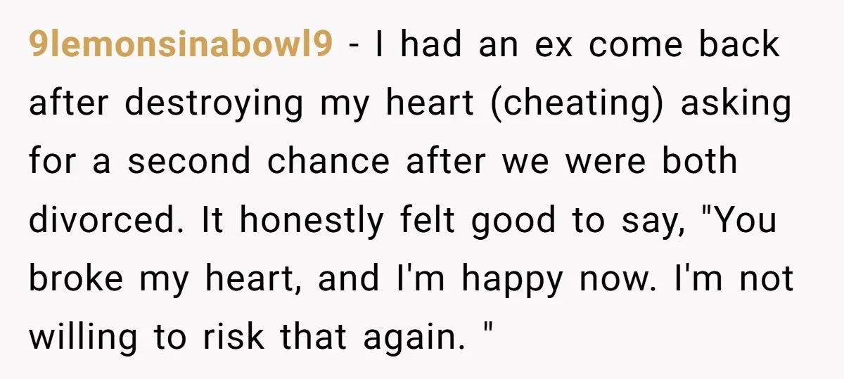 9lemonsinabowl9 − I had an ex come back after destroying my heart (cheating) asking for a second chance after we were both divorced. It honestly felt good to say, "You...