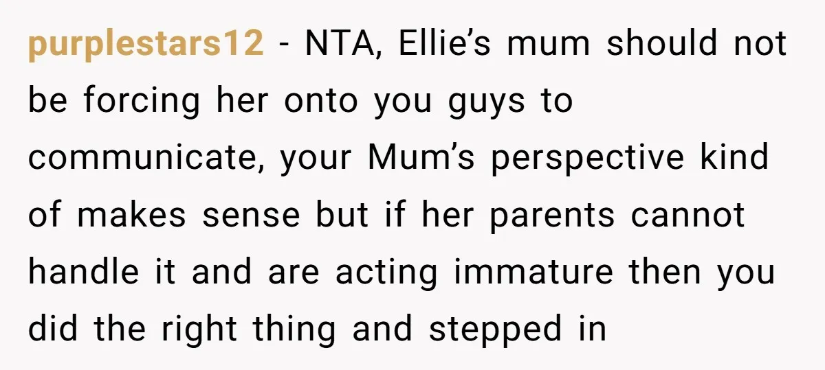 purplestars12 − NTA, Ellie’s mum should not be forcing her onto you guys to communicate, your Mum’s perspective kind of makes sense but if her parents cannot handle it and...
