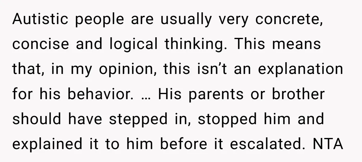 Autistic people are usually very concrete, concise and logical thinking. This means that, in my opinion, this isn’t an explanation for his behavior. … His parents or brother should have...