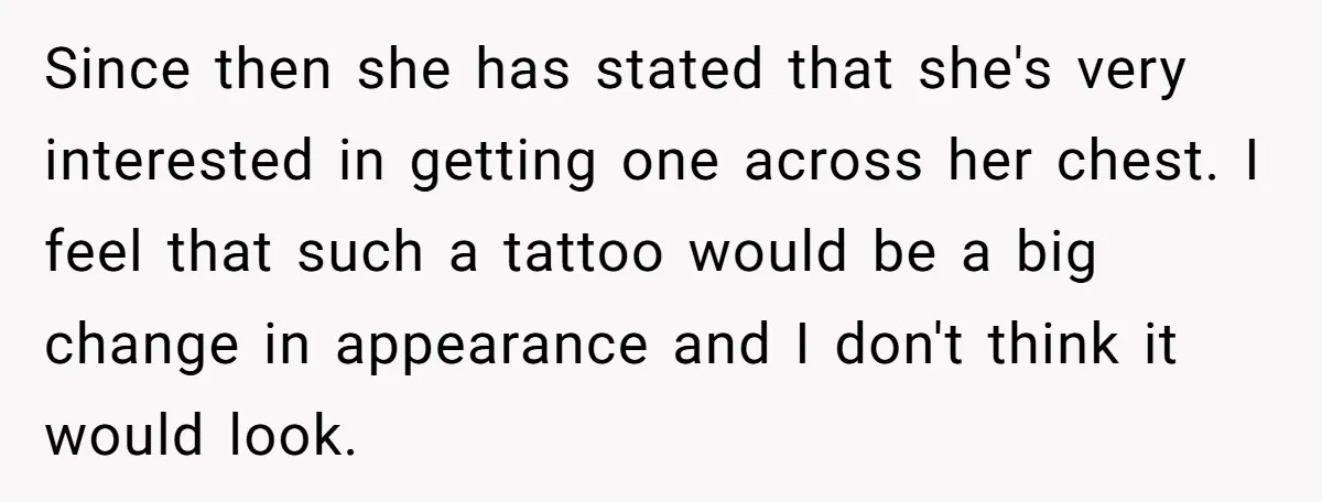 Since then she has stated that she's very interested in getting one across her chest. I feel that such a tattoo would be a big change in appearance and I...