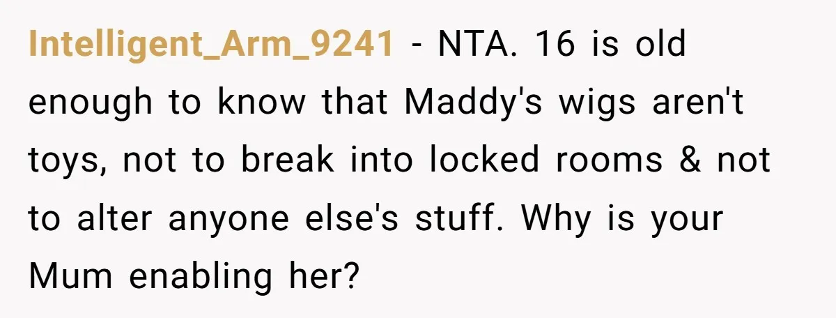 Intelligent_Arm_9241 − NTA. 16 is old enough to know that Maddy's wigs aren't toys, not to break into locked rooms & not to alter anyone else's stuff. Why is your...