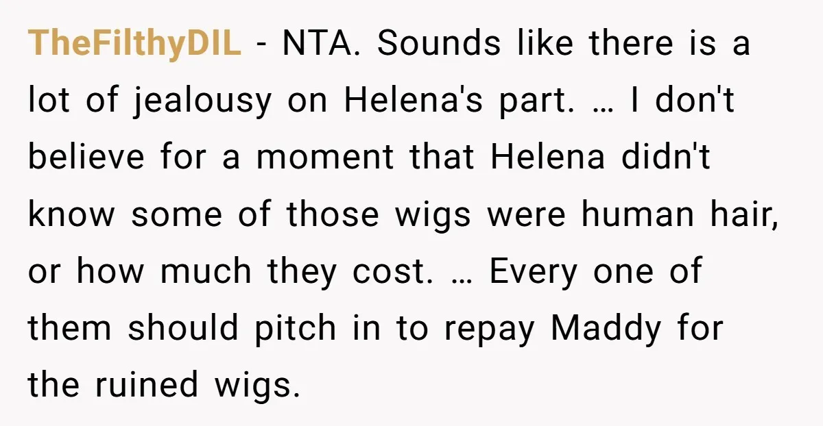 TheFilthyDIL − NTA. Sounds like there is a lot of jealousy on Helena's part. … I don't believe for a moment that Helena didn't know some of those wigs were...