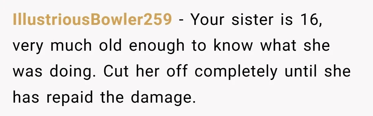 IllustriousBowler259 − Your sister is 16, very much old enough to know what she was doing. Cut her off completely until she has repaid the damage.