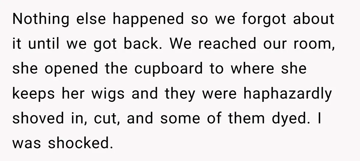 Nothing else happened so we forgot about it until we got back. We reached our room, she opened the cupboard to where she keeps her wigs and they were haphazardly...