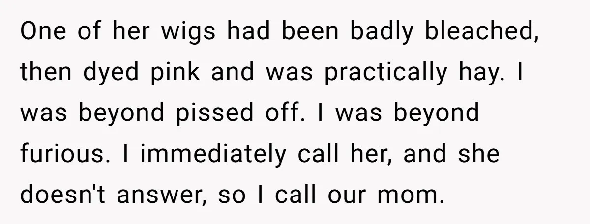 One of her wigs had been badly bleached, then dyed pink and was practically hay. I was beyond pissed off. I was beyond furious. I immediately call her, and she...