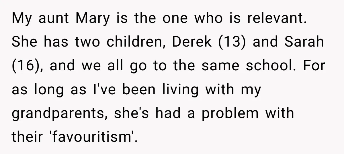My aunt Mary is the one who is relevant. She has two children, Derek (13) and Sarah (16), and we all go to the same school. For as long as...