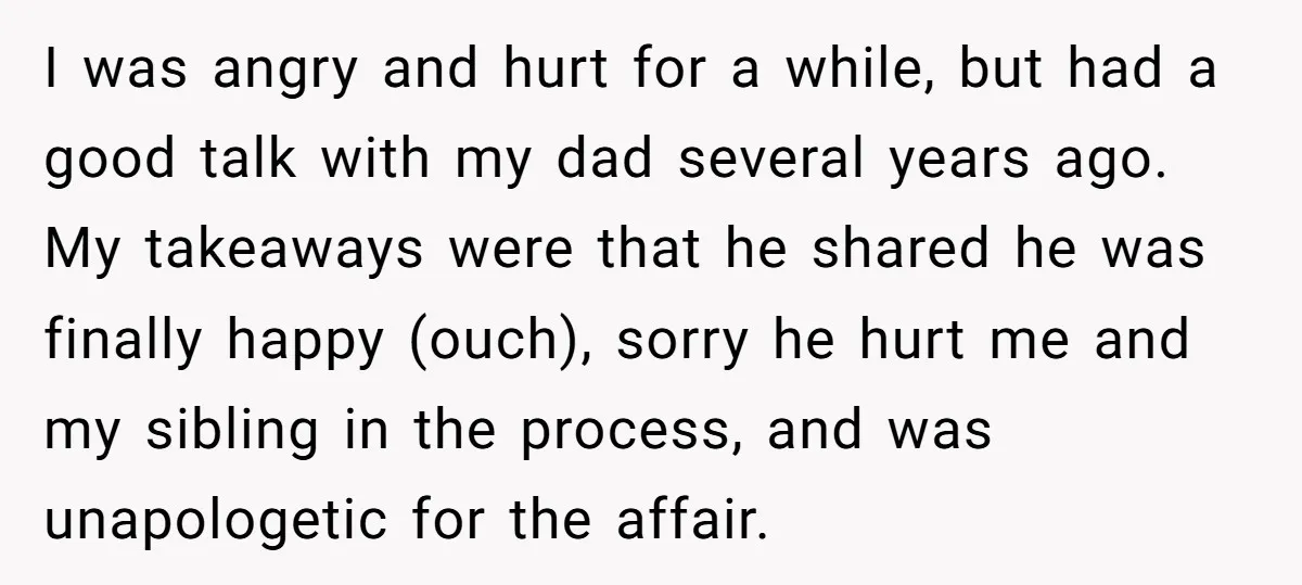 I was angry and hurt for a while, but had a good talk with my dad several years ago. My takeaways were that he shared he was finally happy (ouch),...