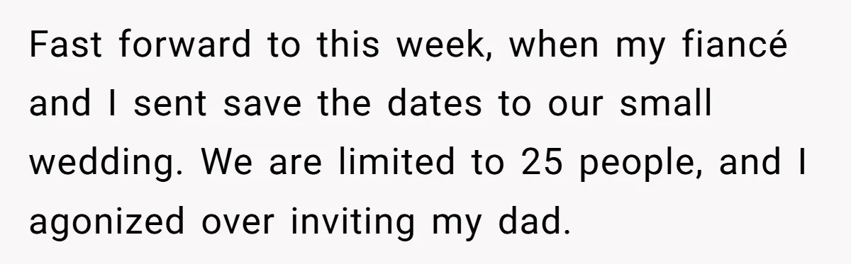 Fast forward to this week, when my fiancé and I sent save the dates to our small wedding. We are limited to 25 people, and I agonized over inviting my...