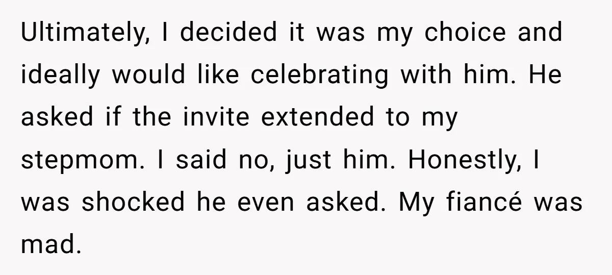 Ultimately, I decided it was my choice and ideally would like celebrating with him. He asked if the invite extended to my stepmom. I said no, just him. Honestly, I...
