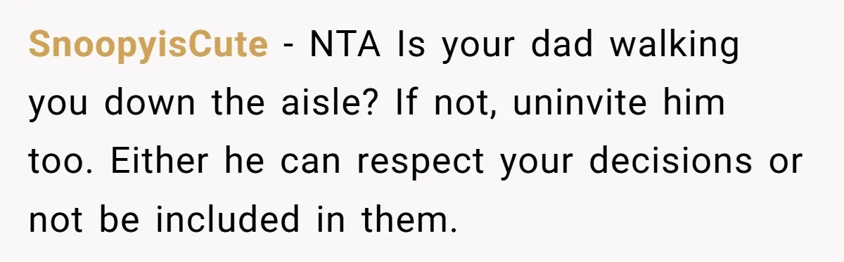 SnoopyisCute − NTA Is your dad walking you down the aisle? If not, uninvite him too. Either he can respect your decisions or not be included in them.