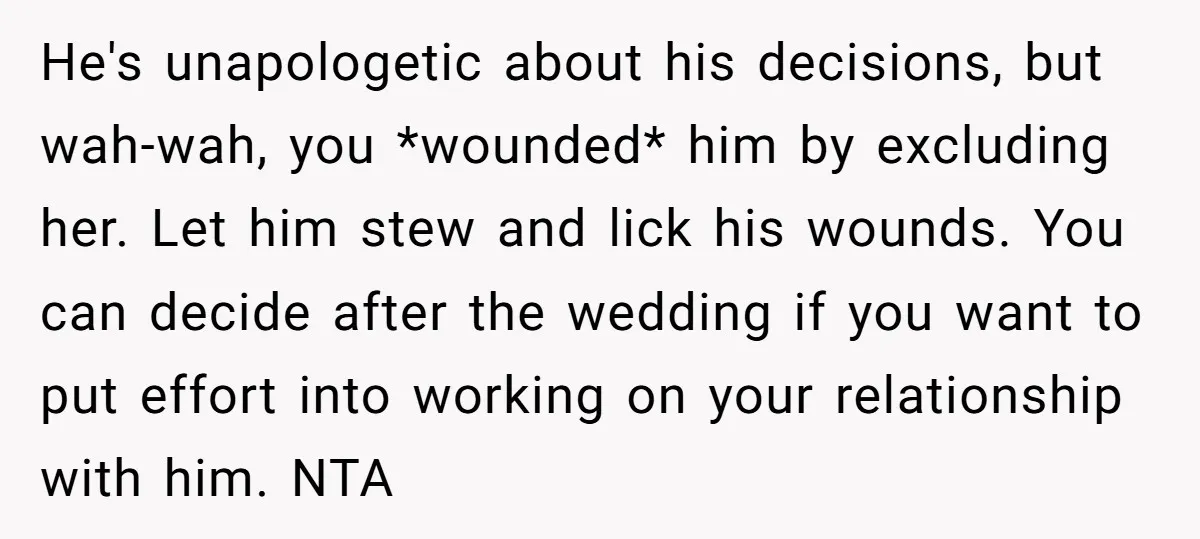 He's unapologetic about his decisions, but wah-wah, you *wounded* him by excluding her. Let him stew and lick his wounds. You can decide after the wedding if you want to...