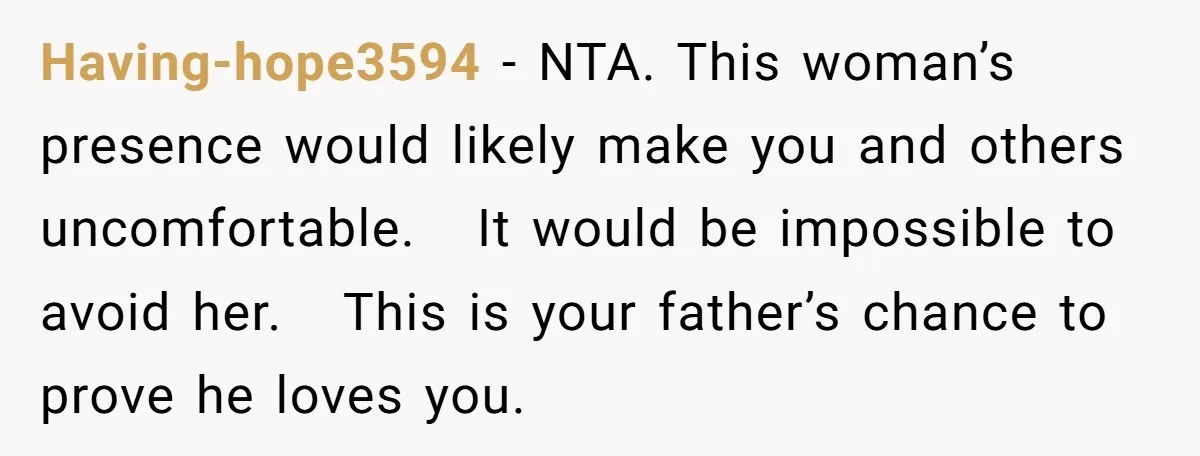 Having-hope3594 − NTA. This woman’s presence would likely make you and others uncomfortable.   It would be impossible to avoid her.   This is your father’s chance to prove he loves you.