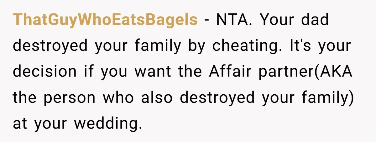 ThatGuyWhoEatsBagels − NTA. Your dad destroyed your family by cheating. It's your decision if you want the Affair partner(AKA the person who also destroyed your family) at your wedding.