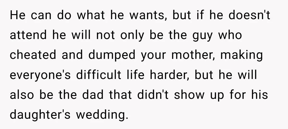 He can do what he wants, but if he doesn't attend he will not only be the guy who cheated and dumped your mother, making everyone's difficult life harder, but...
