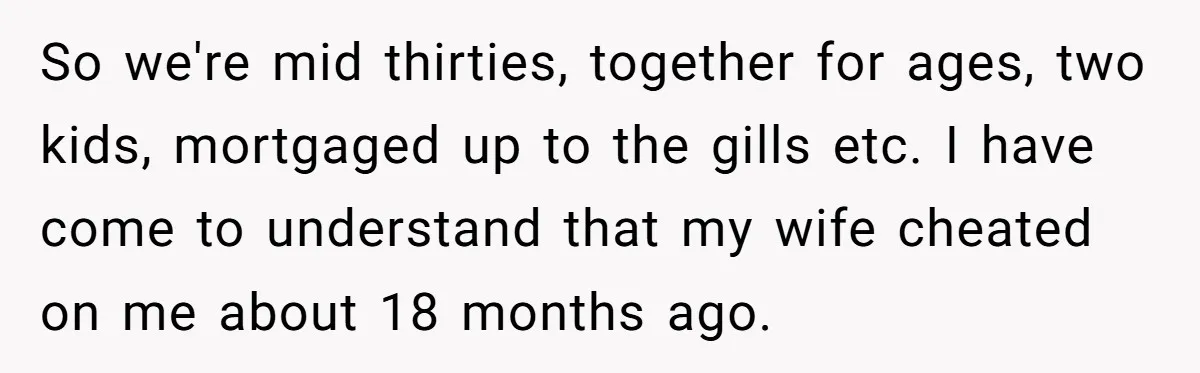 So we're mid thirties, together for ages, two kids, mortgaged up to the gills etc. I have come to understand that my wife cheated on me about 18 months ago.