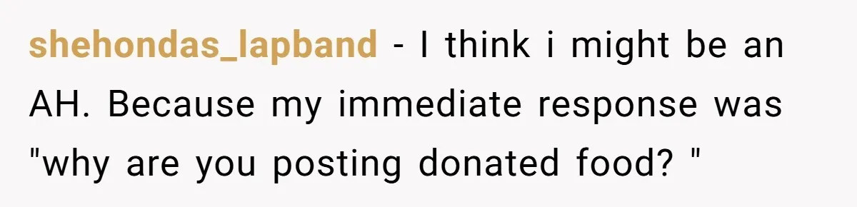 shehondas_lapband − I think i might be an AH. Because my immediate response was "why are you posting donated food? "