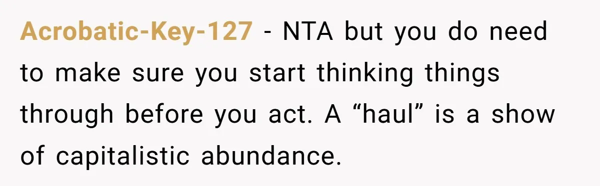 Acrobatic-Key-127 − NTA but you do need to make sure you start thinking things through before you act. A “haul” is a show of capitalistic abundance.
