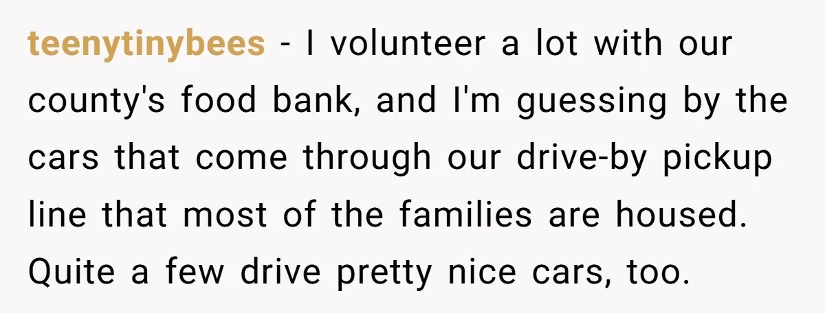 teenytinybees − I volunteer a lot with our county's food bank, and I'm guessing by the cars that come through our drive-by pickup line that most of the families are...
