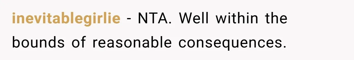 inevitablegirlie − NTA. Well within the bounds of reasonable consequences.