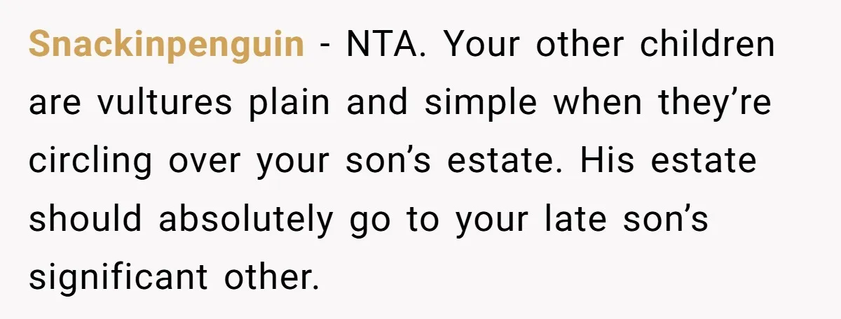 Snackinpenguin − NTA. Your other children are vultures plain and simple when they’re circling over your son’s estate. His estate should absolutely go to your late son’s significant other.