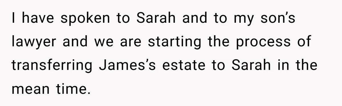 I have spoken to Sarah and to my son’s lawyer and we are starting the process of transferring James’s estate to Sarah in the mean time.