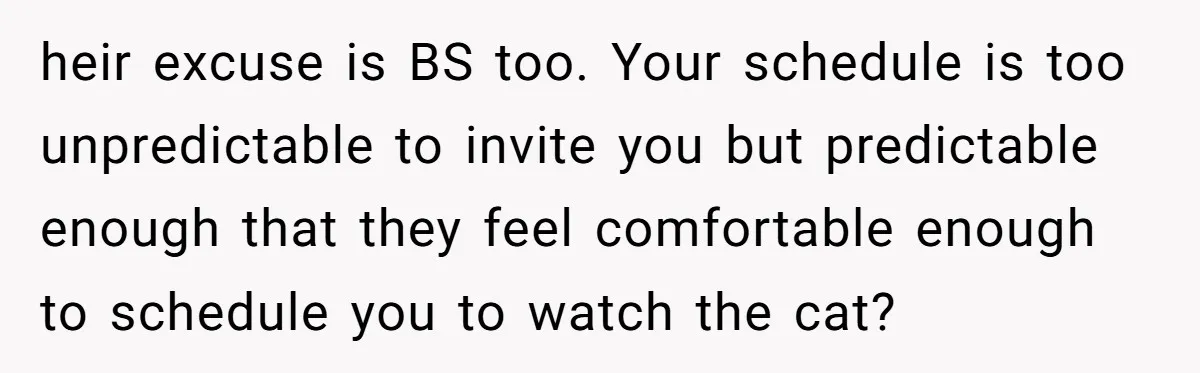 heir excuse is BS too. Your schedule is too unpredictable to invite you but predictable enough that they feel comfortable enough to schedule you to watch the cat?