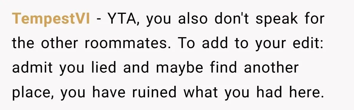 TempestVI − YTA, you also don't speak for the other roommates. To add to your edit: admit you lied and maybe find another place, you have ruined what you had...
