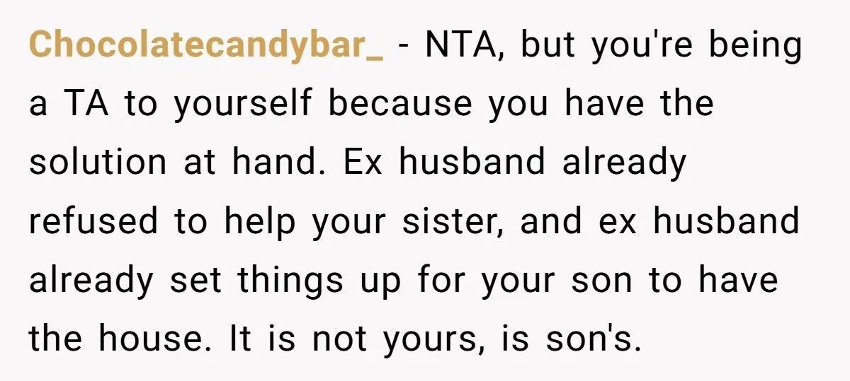 Chocolatecandybar_ − NTA, but you're being a TA to yourself because you have the solution at hand. Ex husband already refused to help your sister, and ex husband already set...